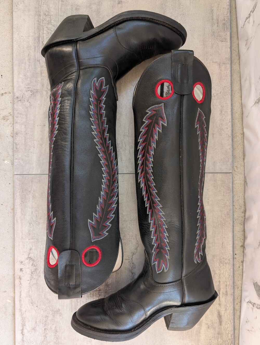 Olathe Buckaroo Black Red Leather Western Tall Boots Vintage USA Mens Size 8 D